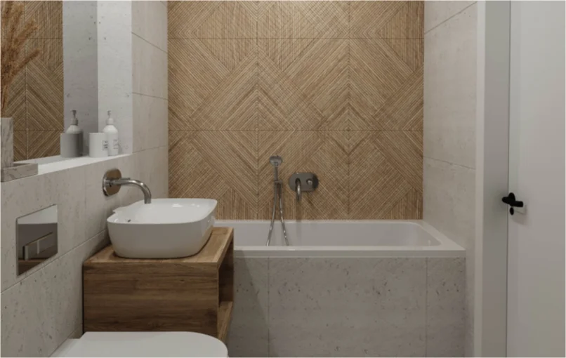 This image shows the bathroom. On the right of the sink is a marble bath that has a textured wooden wall.