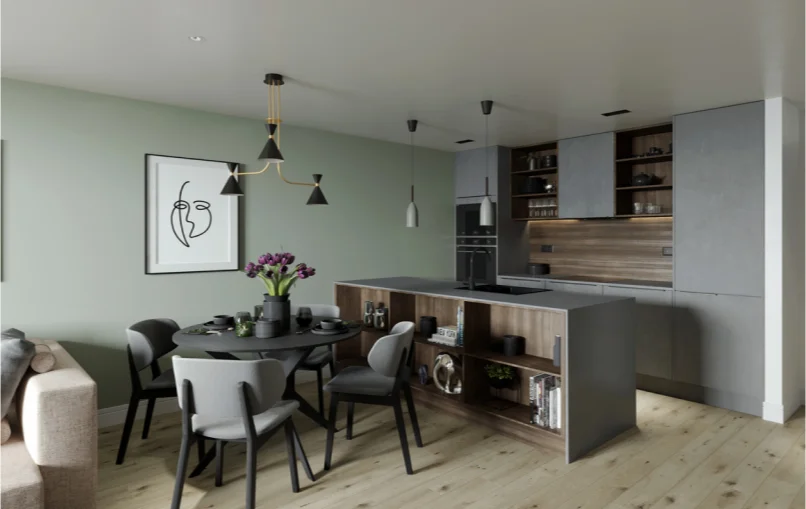 This image shows the living space for the Laurel Court proect, which shows a sofa on the left side with a dining table in the center and a kitchen on the right. The dining table has 3 lights hanging over it. The kitchen has an island sperating it from the rest of the room with shelves inlaid into it.