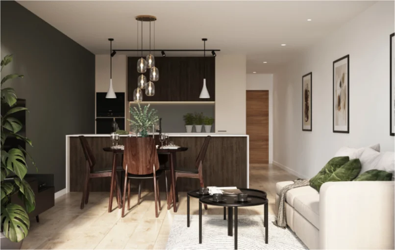 This image depicts the inside living space of the apartment. It shows off the sofa and kitchen area.